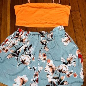 Orange Crop Top and Floral Shorts Set